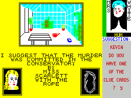 Cluedo (ZX Spectrum) screenshot: Then select finished, the game will ask the next player if they have any matching cards