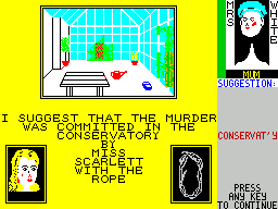 Cluedo (ZX Spectrum) screenshot: player 'Kevin' does and reveals the Conservatory' card which we can now eliminate in the Note's section