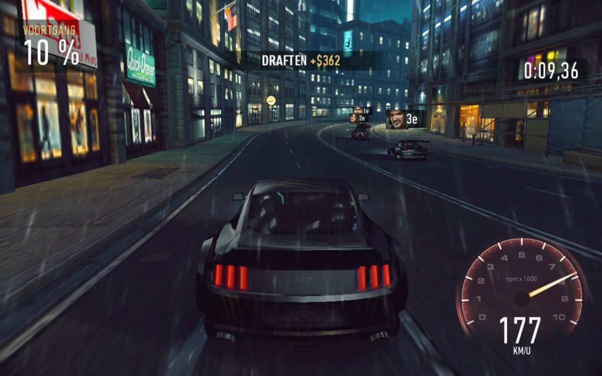 Need for Speed: No Limits (Android) screenshot: For the first race in the tutorial you get a Ford Mustang GT (Dutch version).