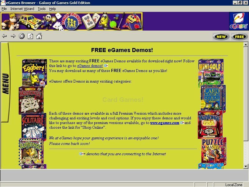 Galaxy of Games: Gold Edition (Windows) screenshot: The Demos option is an eGame's advertisement and links to their site