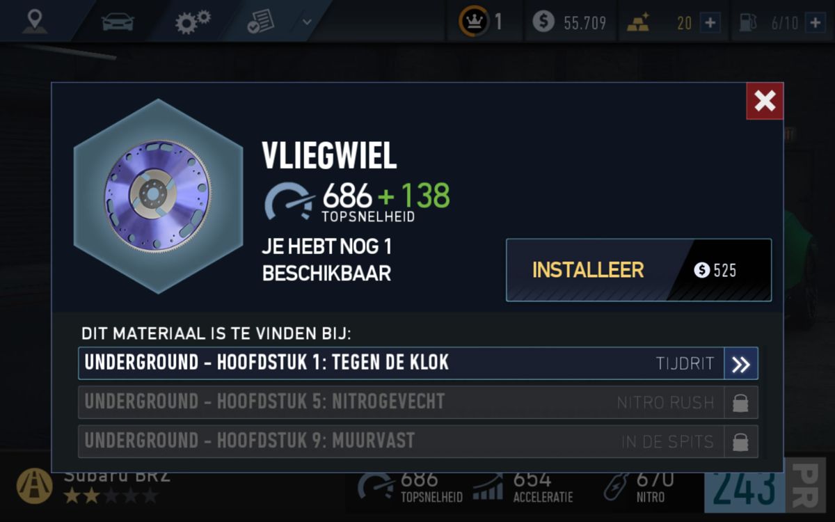 Need for Speed: No Limits (Android) screenshot: Installing a new part (Dutch version).