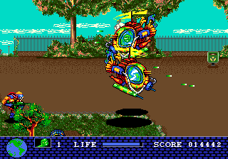 Toxic Crusaders (Genesis) screenshot: You can board a helicopter and attack on the ground and in the air.