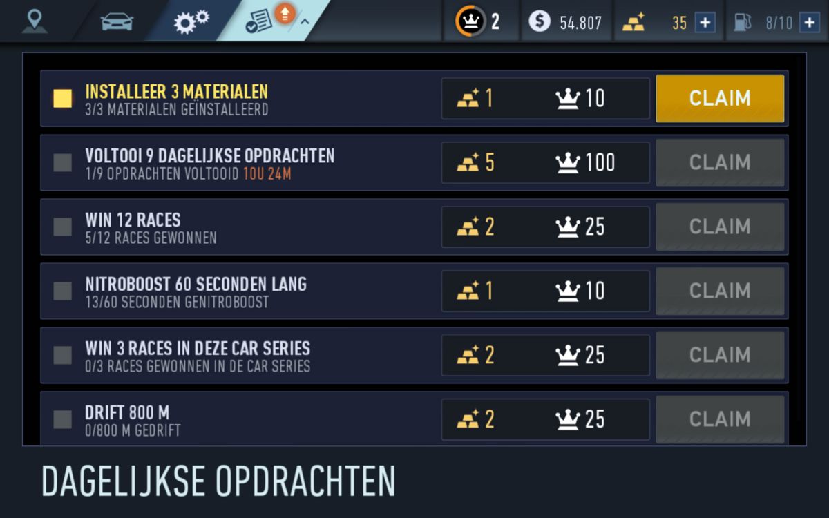 Need for Speed: No Limits (Android) screenshot: Rewards for achievements (Dutch version)