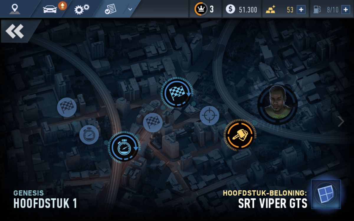 Need for Speed: No Limits (Android) screenshot: Progress through the first stage of the game (Dutch version)