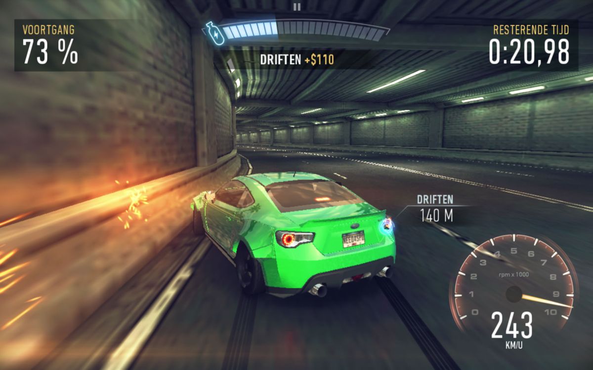 Need for Speed: No Limits (Android) screenshot: Drifting through a corner (Dutch version).
