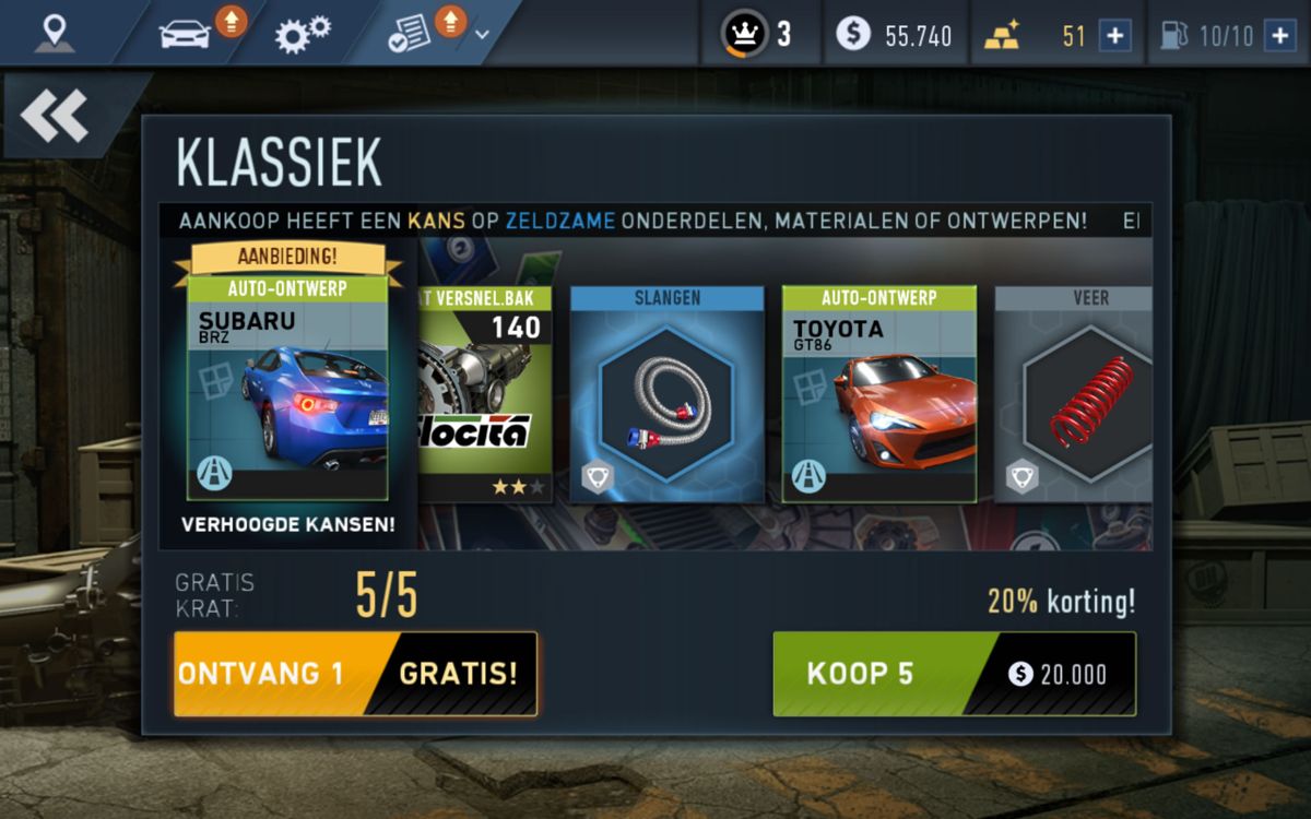 Need for Speed: No Limits (Android) screenshot: Shopping for new cars and parts (Dutch version).