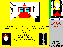 Cluedo (ZX Spectrum) screenshot: The players cards are revealed