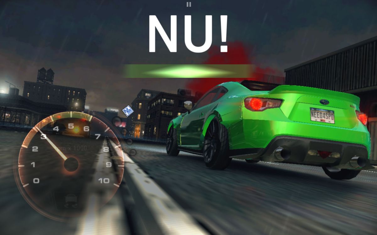 Need for Speed: No Limits (Android) screenshot: Time your acceleration correctly on the left so you start in the green area when the countdown finishes (Dutch version).