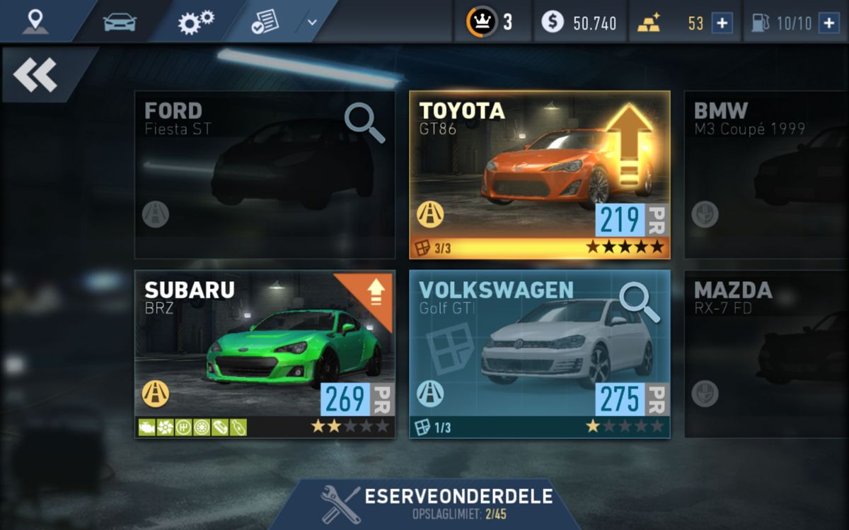Need for Speed: No Limits (Android) screenshot: My collection of cars so far (Dutch version)