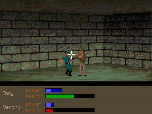 Indiana Jones and the Fate of Atlantis (Windows) screenshot: Fighting one of the nazi soldiers in the outer circle of Atlantis (GOG version)