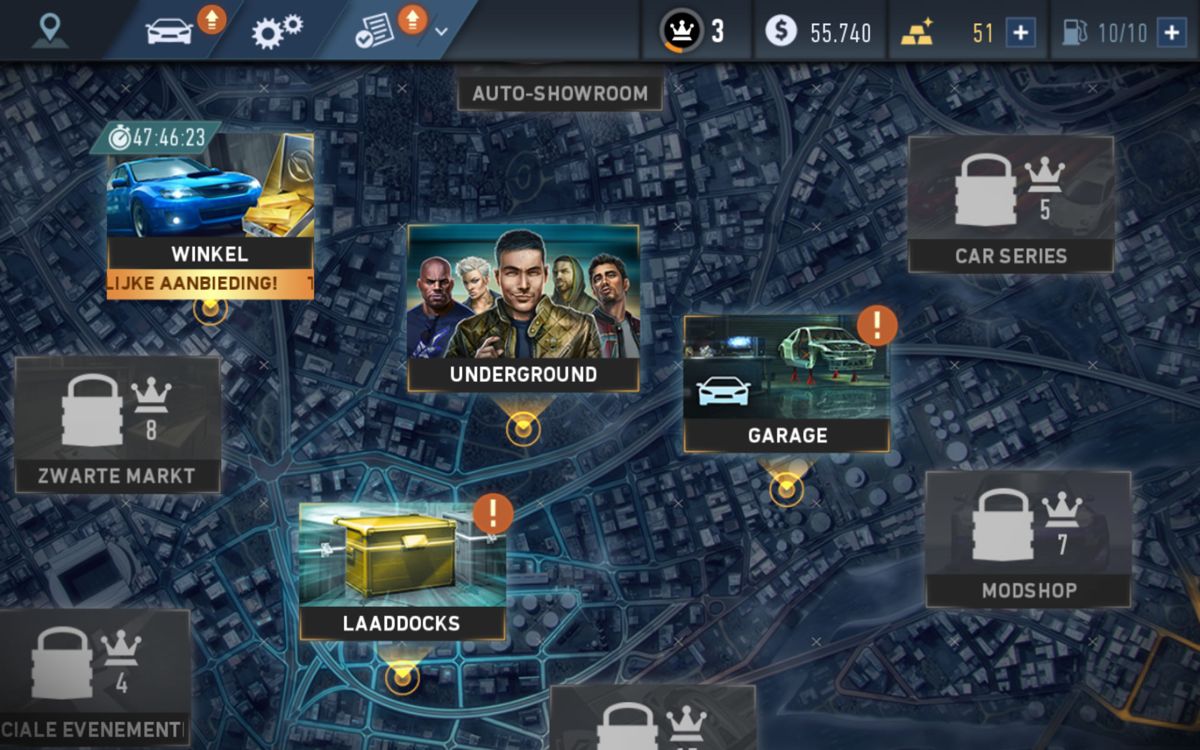 Need for Speed: No Limits (Android) screenshot: The main hub (Dutch version)