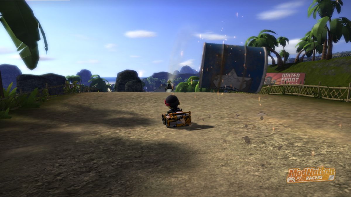 ModNation Racers (PlayStation 3) screenshot: Beware of rolling barrels (in-game photo mode)