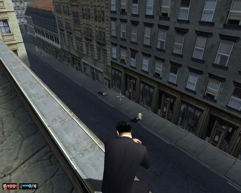 Mafia (Windows) screenshot: One of the missions takes you to the rooftops! But I decide to kill some innocent dudes below with a shotgun and then wipe my nose instead. Freedom of choice, right?..