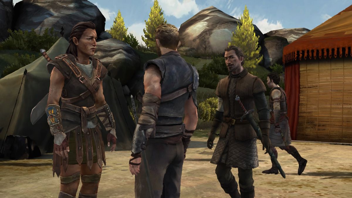 Game of Thrones: Episode Five of Six - A Nest of Vipers (PlayStation 4) screenshot: Asher and Beskha returning to camp after a job well done