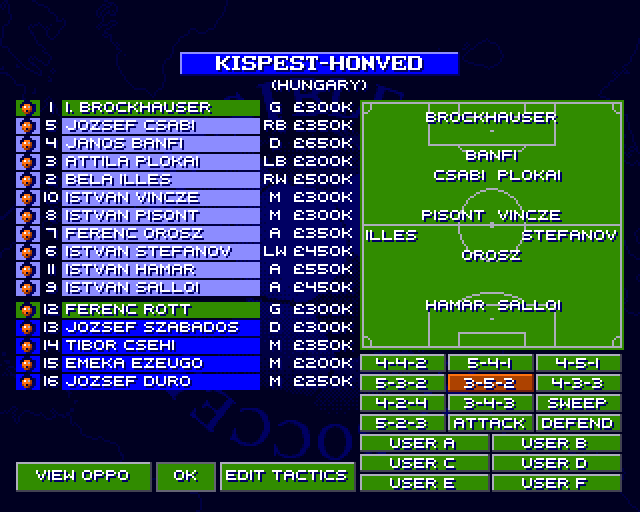 Sensible World of Soccer (Amiga) screenshot: Choosing tactics for first match