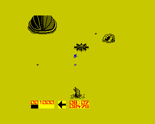 Power (ZX Spectrum) screenshot: Reaching the hangar for a new hover. <br>(Hi mom! in worm language)