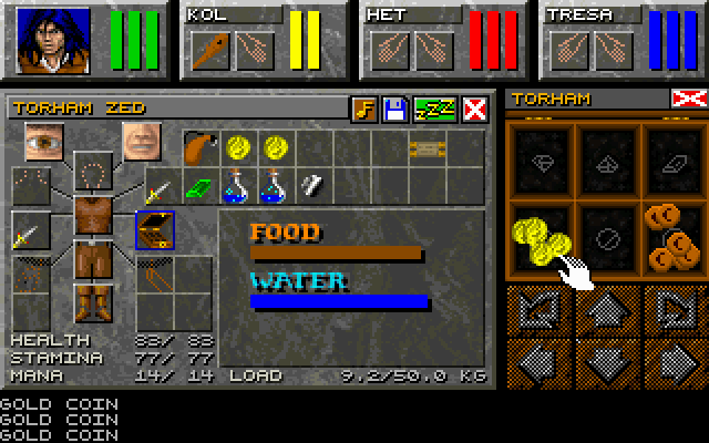Dungeon Master II: Skullkeep (DOS) screenshot: The inventory screen and moneybox