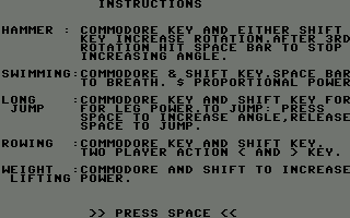 European Games (Commodore 64) screenshot: Online instructions