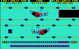 European Games (Commodore 64) screenshot: The computer swimmer has already reached the end of the pool