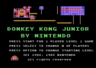 Donkey Kong Junior (Atari 8-bit) screenshot: Title screen and main menu