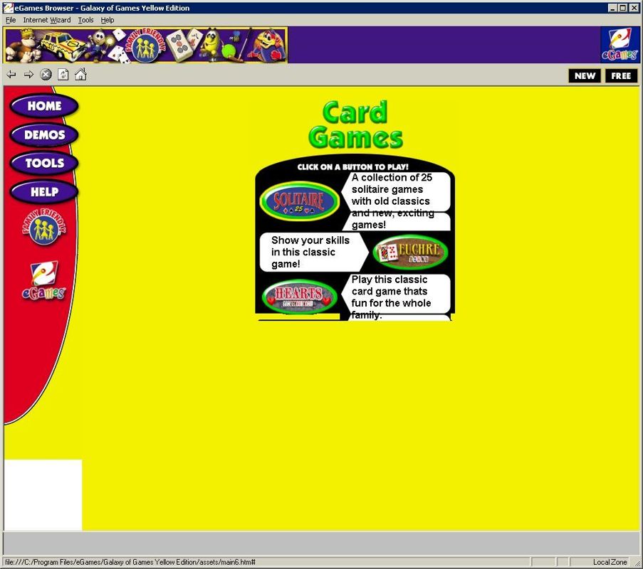 Galaxy of Games: Yellow Edition (Windows) screenshot: The Card Games menu<br>Solitaire 25: Volume 4 mut be counted as twenty five games if the compilation is to reach the fifty games advertised on the packaging