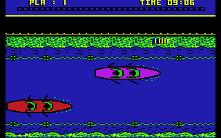European Games (Commodore 64) screenshot: Amazing rowboat action on the river