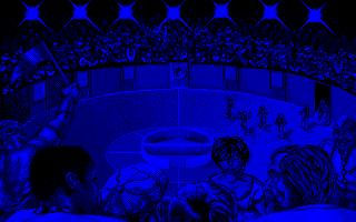 Killerball (DOS) screenshot: The teams enter the rink (light off)