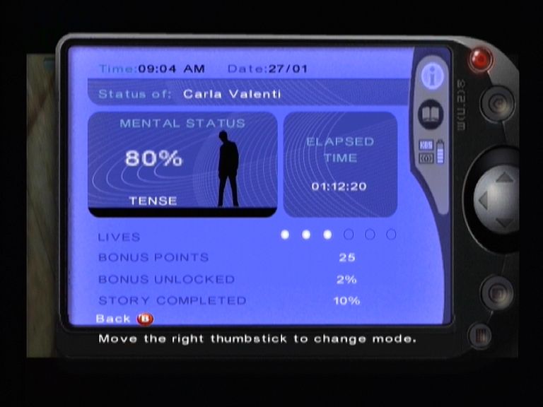 Indigo Prophecy (Xbox) screenshot: The pause menu lets you see your mental status among other things