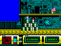 Action Force II: International Heroes (ZX Spectrum) screenshot: Level 3 - Well, well... back to urban chaos... I wonder where's that yellow apartment Snake Eyes was so hysterical about...