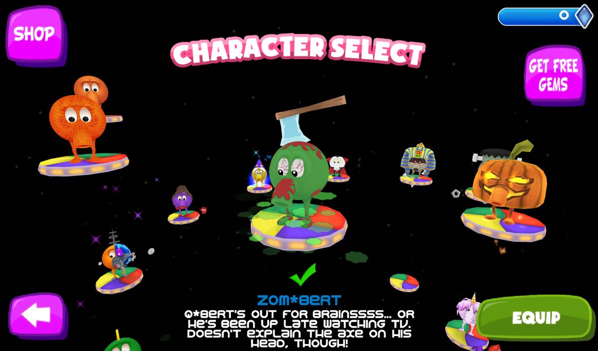 Q*bert: Rebooted (Android) screenshot: Character selection (Rebooted mode)