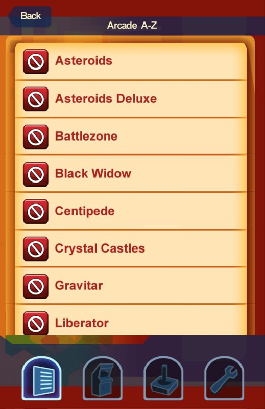 Atari's Greatest Hits (Android) screenshot: Browsing the list of arcade titles.