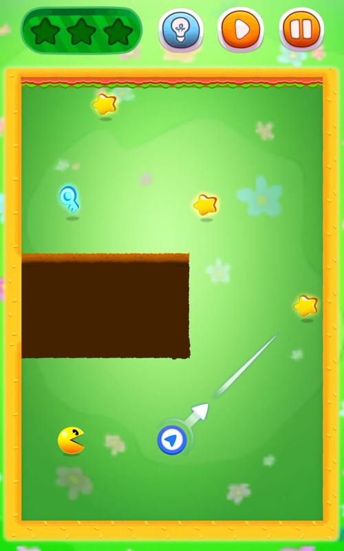 Pac-Man Bounce (Android) screenshot: Rotate the arrow to change the path following a diagonal line.