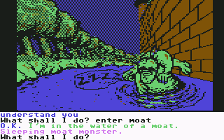 Sorcerer of Claymorgue Castle (Commodore 64) screenshot: In the moat. There is a sleeping monster here.