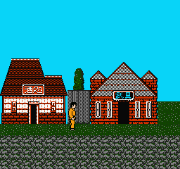 Hissatsu Dōjō Yaburi (NES) screenshot: Walking through a village.