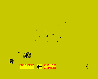Power (ZX Spectrum) screenshot: The hovercraft was blown into pieces. Like a genie in a lamp, a small guy came out of nowhere.<br>