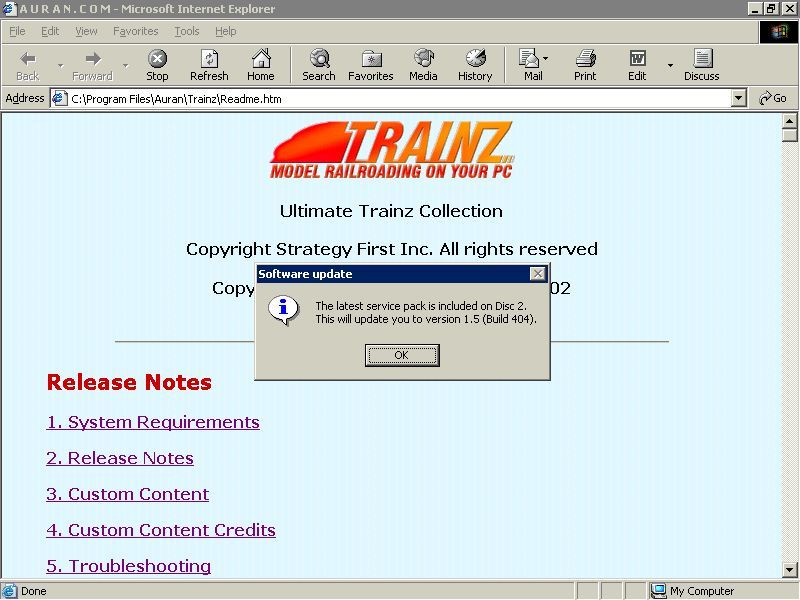 Ultimate Trainz Collection (Windows) screenshot: The install process on CD1 exits and displays the game's release notes together with a message that CD2 contains the latest service pack and will update Trainz to version 1.5 (Build 404)