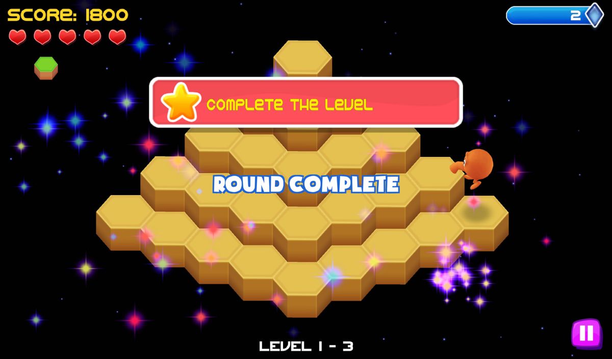 Q*bert: Rebooted (Android) screenshot: Level complete (Rebooted mode)
