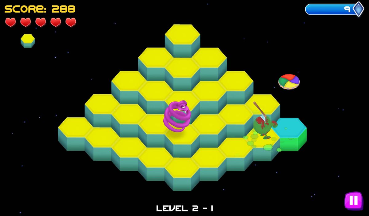 Q*bert: Rebooted (Android) screenshot: Chased by a snake (Rebooted mode).