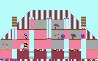 Bristles (Commodore 64) screenshot: The little brat left a hand print on my newly painted wall.