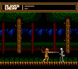 Sword Master (NES) screenshot: Taking on a skeleton warrior in the forest.