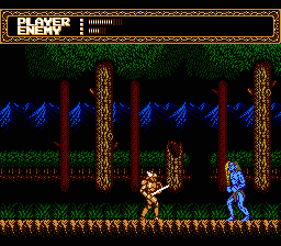 Sword Master (NES) screenshot: Fighting a strong monster in the forest.