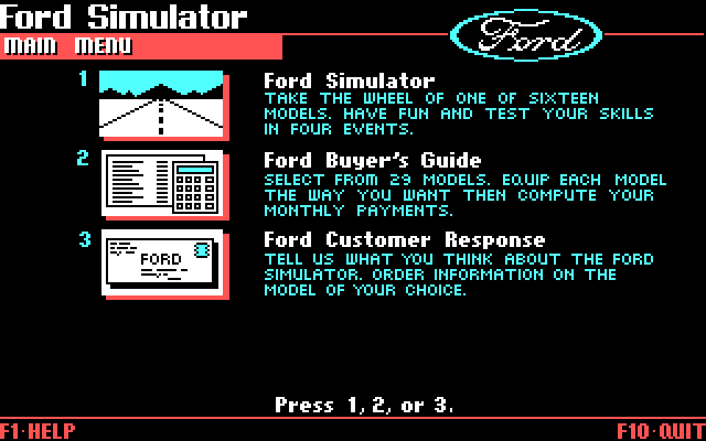 The Ford Simulator (DOS) screenshot: Main Menu