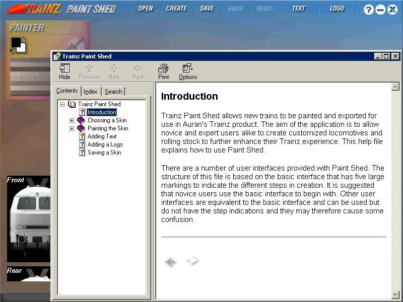 Trainz: Paint Shed (Windows) screenshot: There is extensive in-game assistance which opens in a separate window