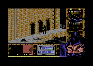 Ninja Remix (Commodore 64) screenshot: Level 3, "The Sewers": Creepy doors.<br> - Which one? Perhaps if I spit inside them something shows up... Let's give a try...