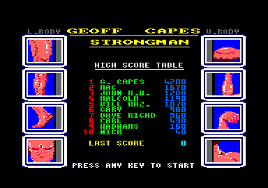 Geoff Capes Strongman (Amstrad CPC) screenshot: High scores