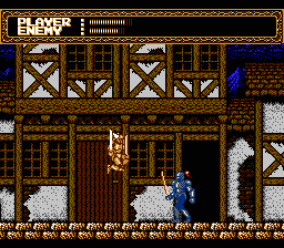 Sword Master (NES) screenshot: Fighting a knight in the village.
