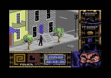 Ninja Remix (Commodore 64) screenshot: Level 2, "The Street": Searching.<br> Which one is the right manhole?