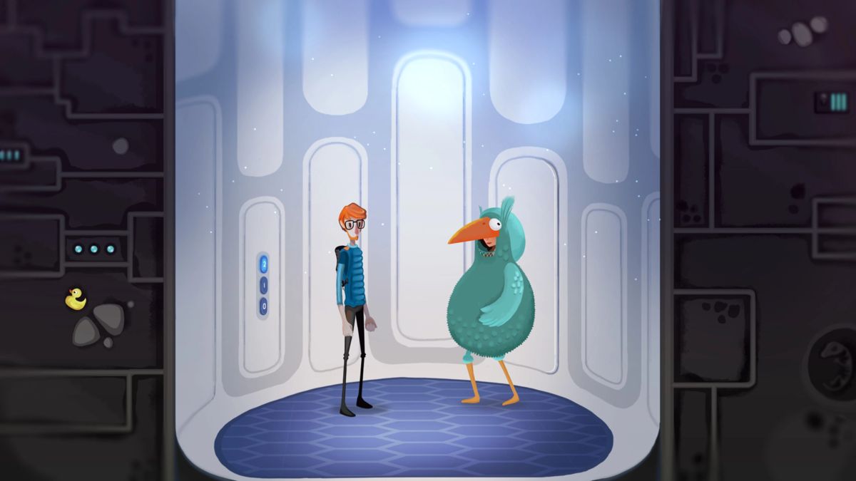 Mutropolis (Windows) screenshot: Stuck with a strange bird creature in the elevator.