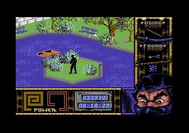 Ninja Remix (Commodore 64) screenshot: Level 1, "Central Park": Without The <i>Bō</i> no sailing.<br> I cannot say the same for the utility of the <i>Nunchaku</i>. Perhaps a secret chamber unknown to many...