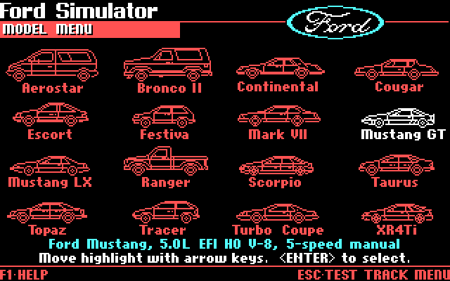 The Ford Simulator (DOS) screenshot: Pick a car, any car...